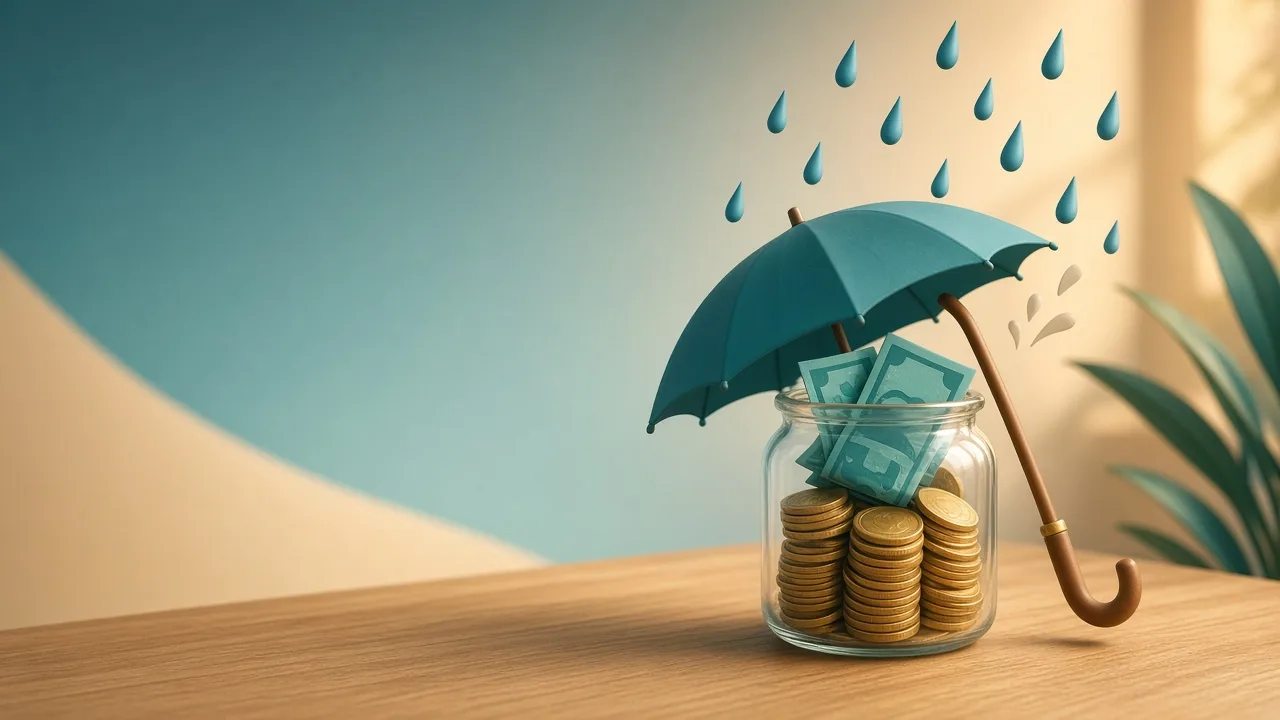 Glass jar of coins and banknotes sheltered by an umbrella from the rain