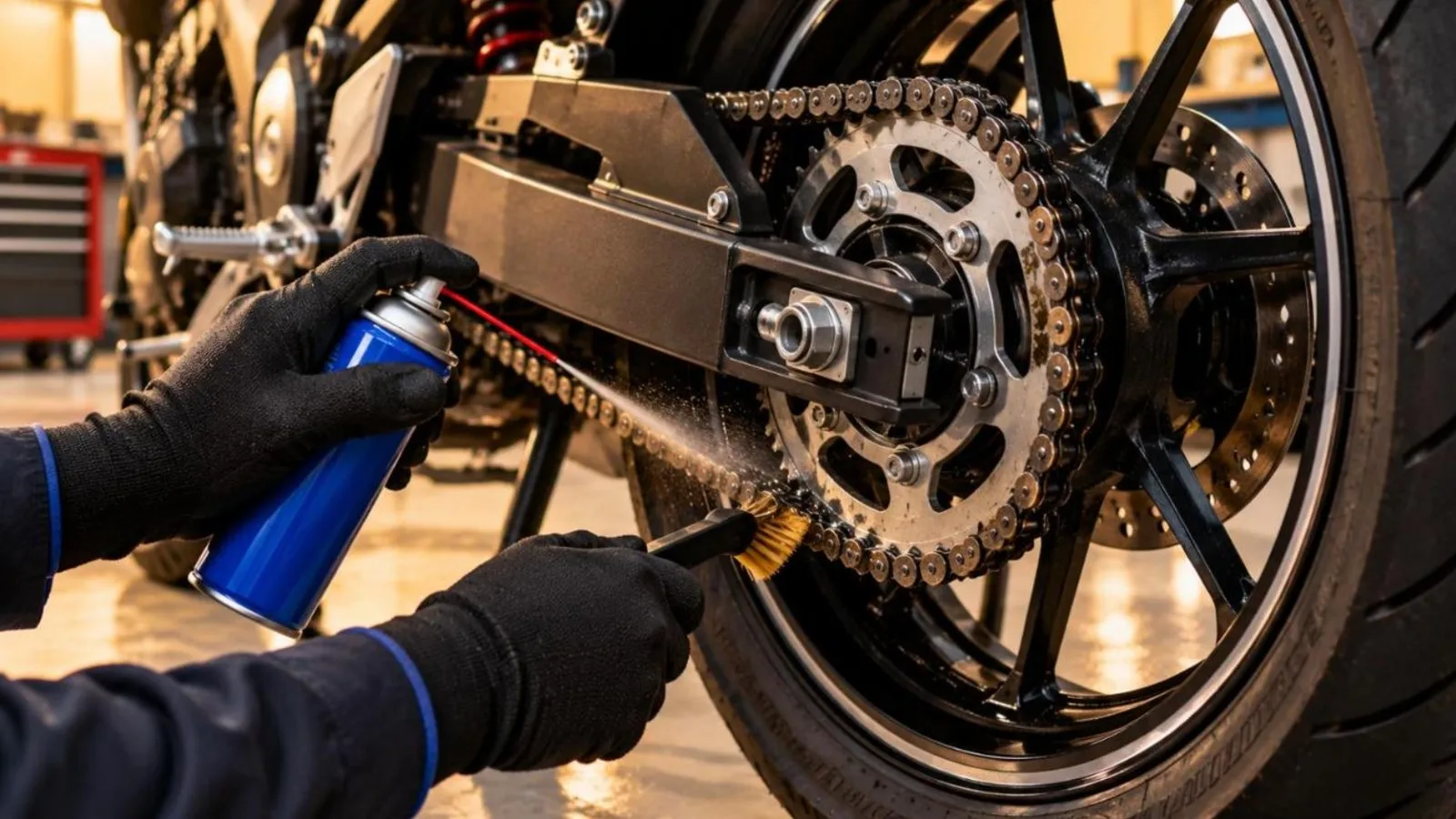 A motorcycle drive chain and rear sprocket being lubricated with a spray can and brush