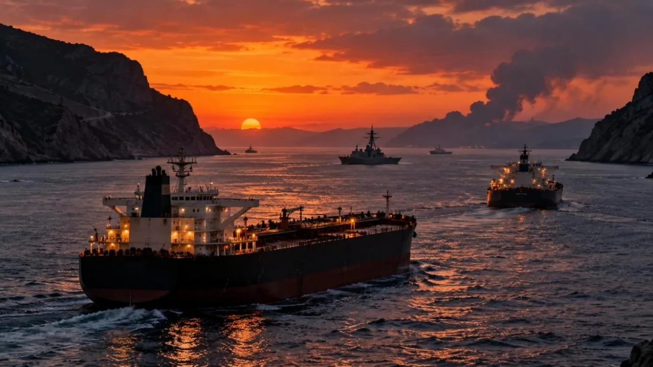 Oil tankers in a narrow strait at dusk with a warship silhouette and smoke on the horizon