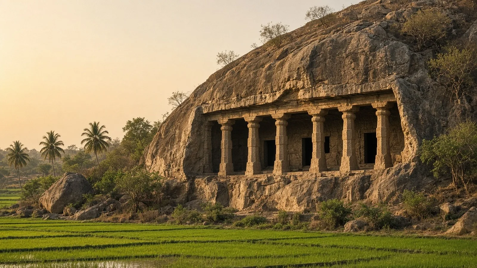 An ancient Pallava rock-cut cave temple facade with heavy square-and-octagonal pillars carved into a granite hill at golden hour, with scrub, boulders, paddy fields and palm trees in front.