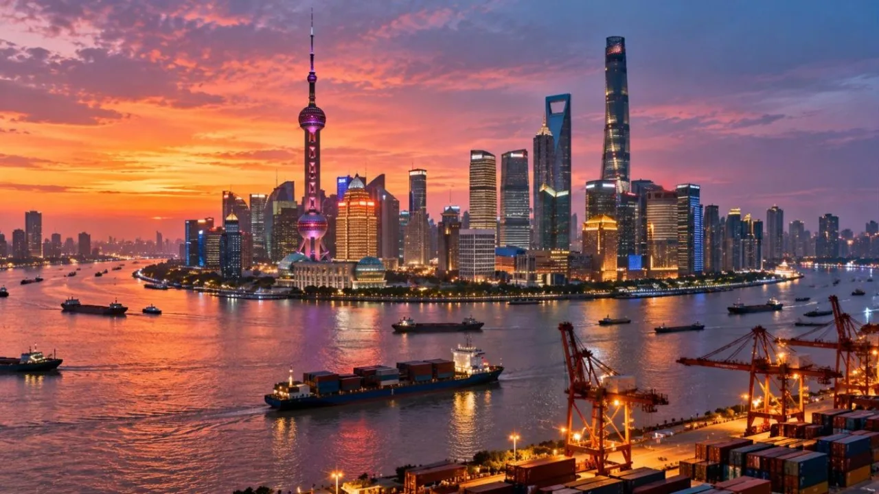 Shanghai skyline at dusk over the river with cargo ships and cranes