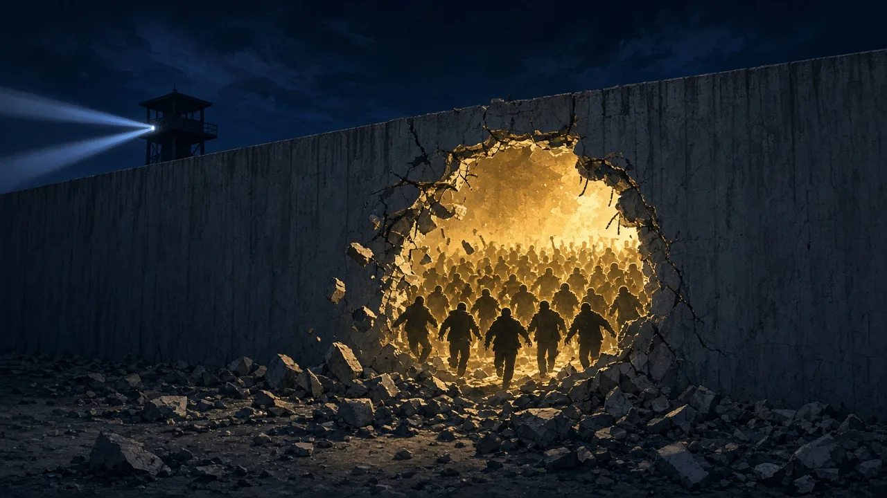 Crowd silhouettes streaming through a breach in a concrete wall at night, illustrating the fall of the Berlin Wall