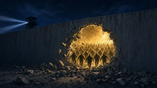 Crowd silhouettes streaming through a breach in a concrete wall at night, illustrating the fall of the Berlin Wall