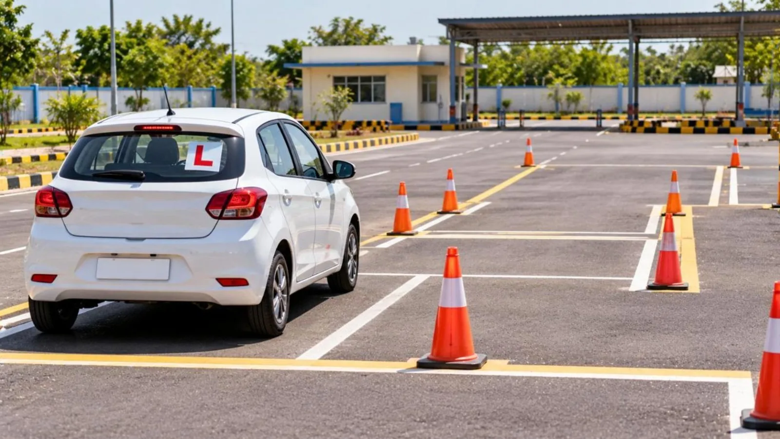 A driving test track at an RTO with traffic cones and a learner car with an L sign