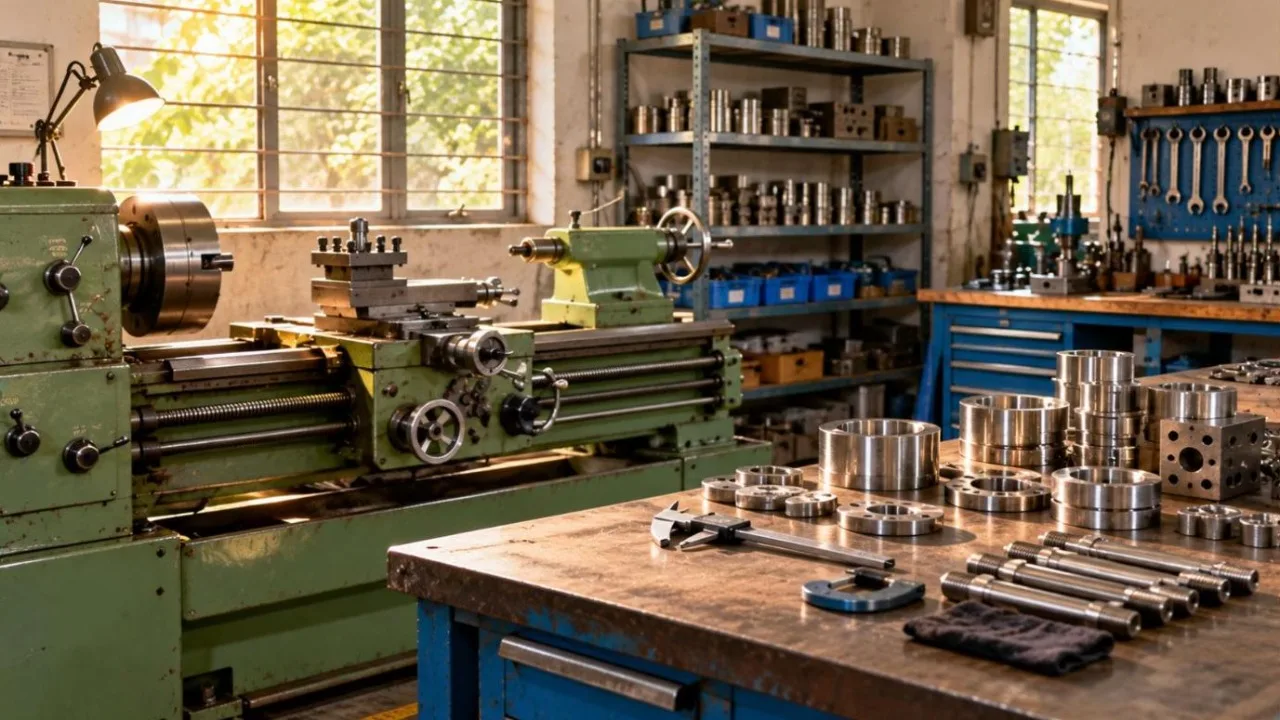 Small manufacturing workshop with a lathe and neatly arranged tools
