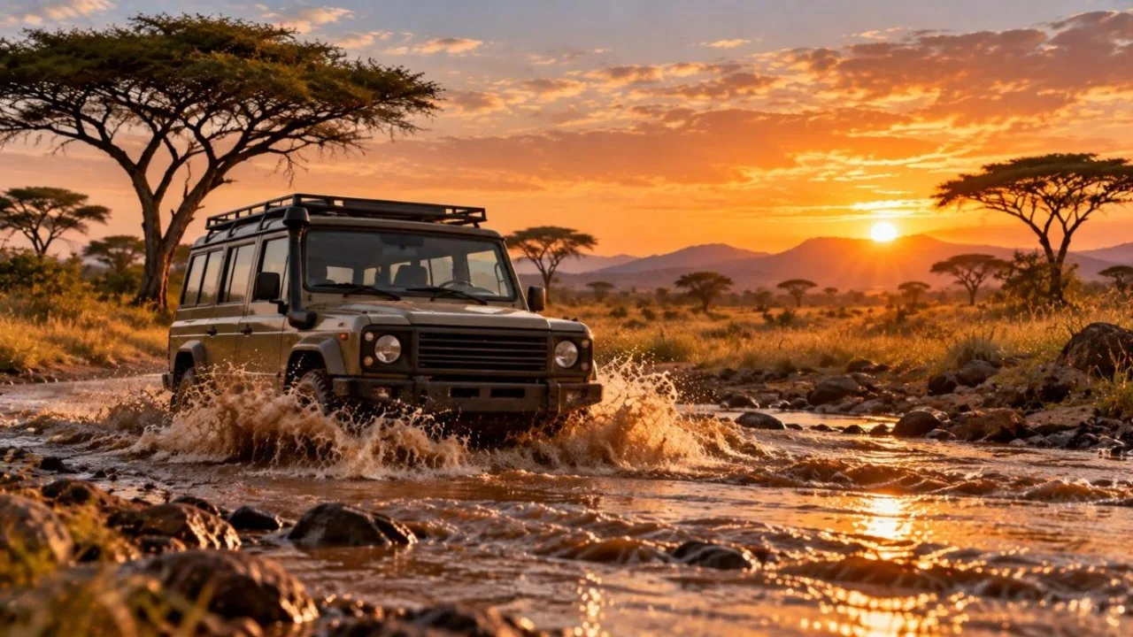 Rugged boxy 4x4 splashing through a muddy river in the savannah at sunrise