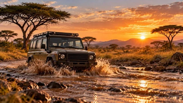 Rugged boxy 4x4 splashing through a muddy river in the savannah at sunrise
