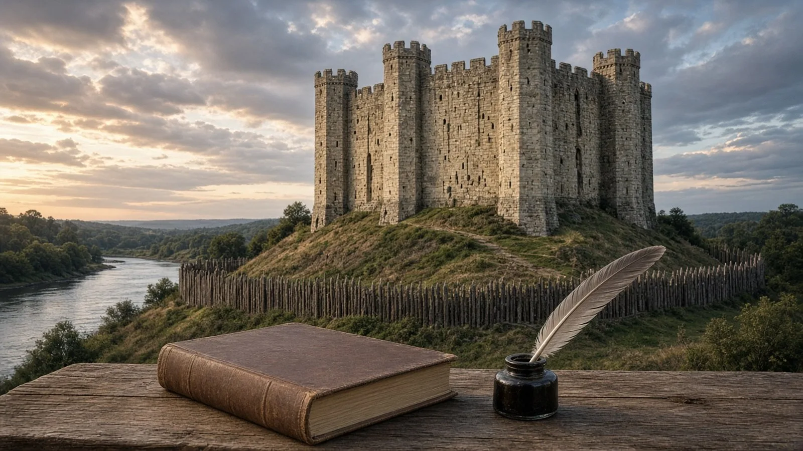 A square Norman stone keep on a grassy mound above a river at dusk, ringed by a wooden palisade, with a closed leather-bound book, quill and inkpot on a table in the foreground
