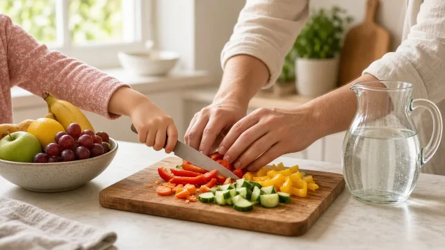 A parent and child cooking vegetables together in a bright home kitchen