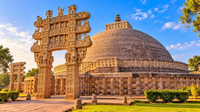 The hemispherical Great Stupa of Sanchi with its carved stone gateway on a sunny day