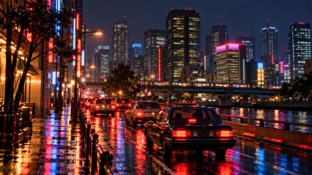 Tokyo at night with neon reflections on wet streets and glowing office towers