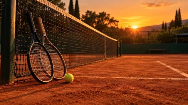 Clay tennis court with a single tennis ball and two rackets resting against the net at sunset