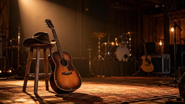 A vintage acoustic guitar and cowboy hat on a stool on an empty stage under a spotlight
