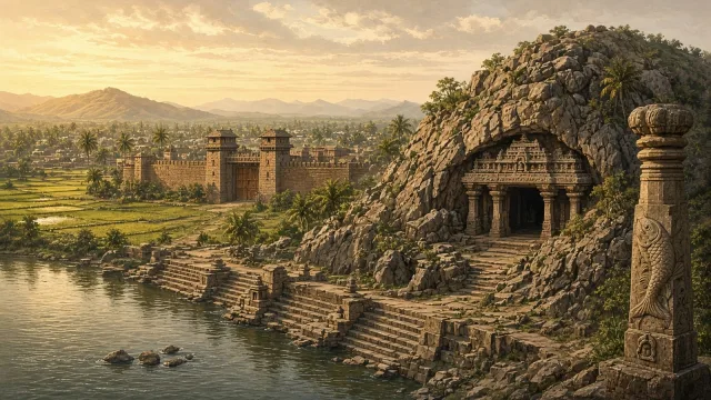 Painterly view of an ancient Tamil riverside city: stone ghats on a river, a fortified wall with two gate towers, a granite hill with a pillared rock-cut cave shrine, palms and paddy fields, and a sto