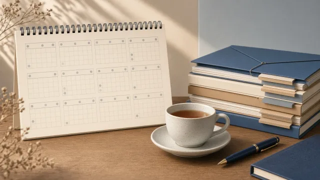 Editorial illustration of a wall calendar with twelve months and a neatly organised folder of documents