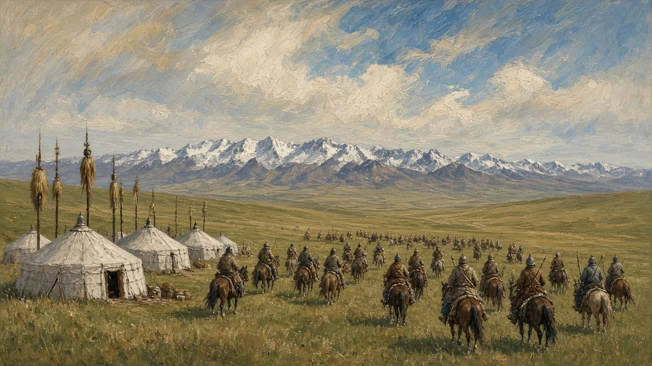 A mounted Mongol army riding across the open steppe past felt gers, illustrating the Mongol Empire under Genghis Khan