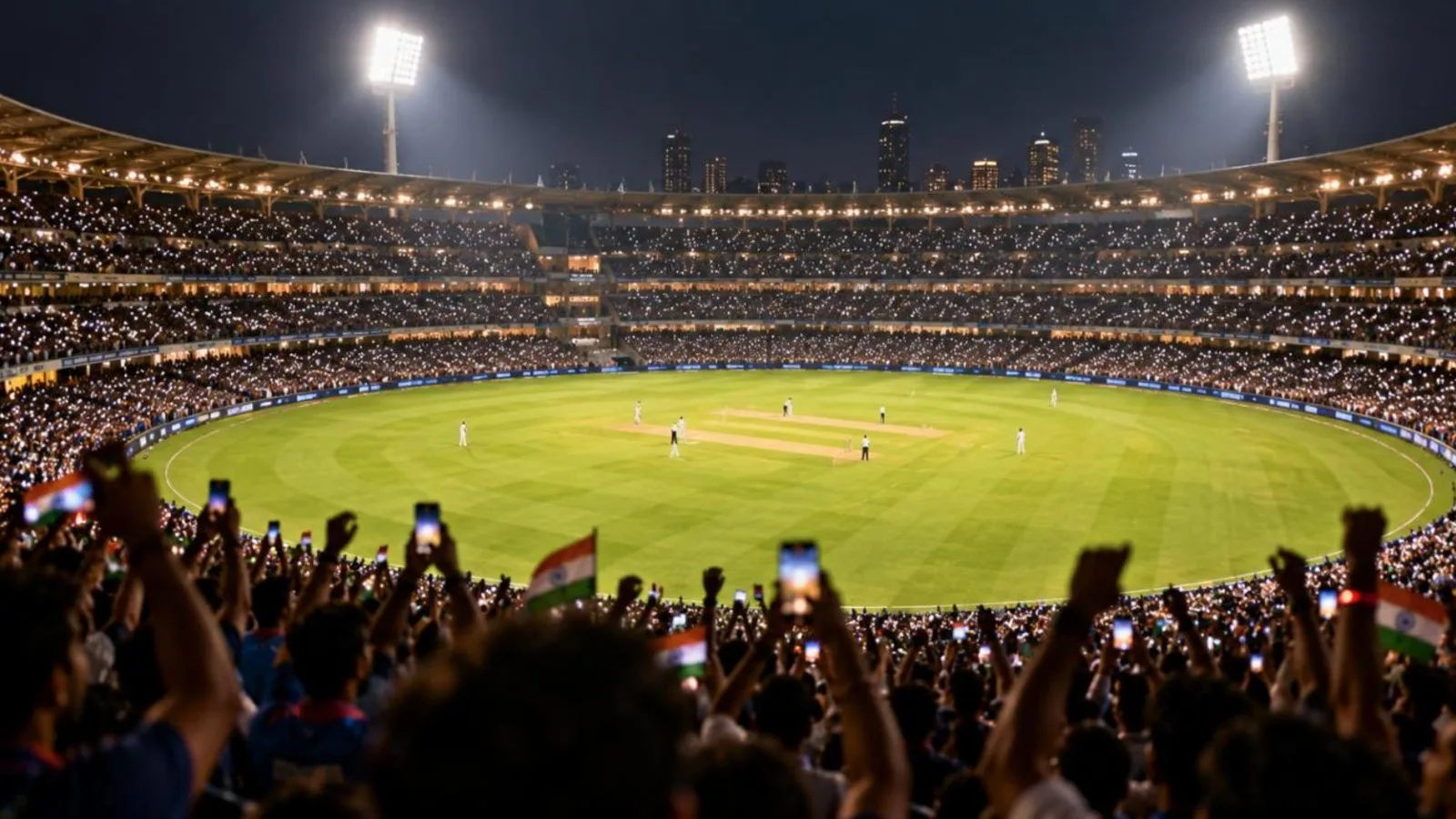 A packed floodlit cricket stadium with fans holding up phone lights around a glowing pitch