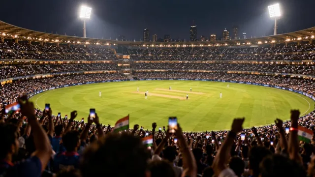 A packed floodlit cricket stadium with fans holding up phone lights around a glowing pitch