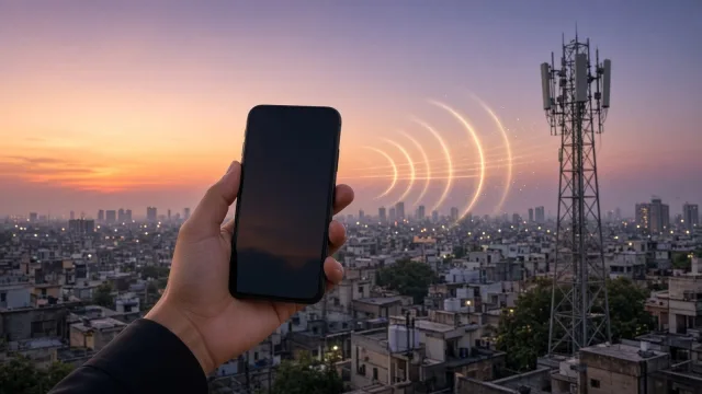 Hand holding a smartphone against a city skyline at dusk with a telecom tower and signal waves