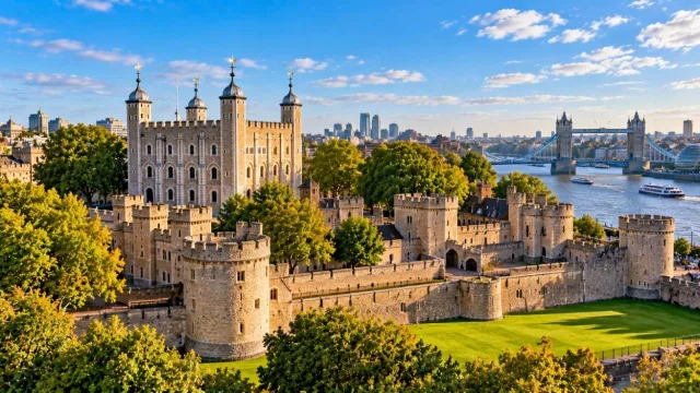 Tower of London with the White Tower and Tower Bridge on the Thames on a sunny day