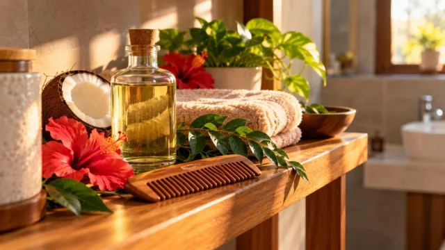Wooden comb, coconut oil, hibiscus flowers and curry leaves on a shelf
