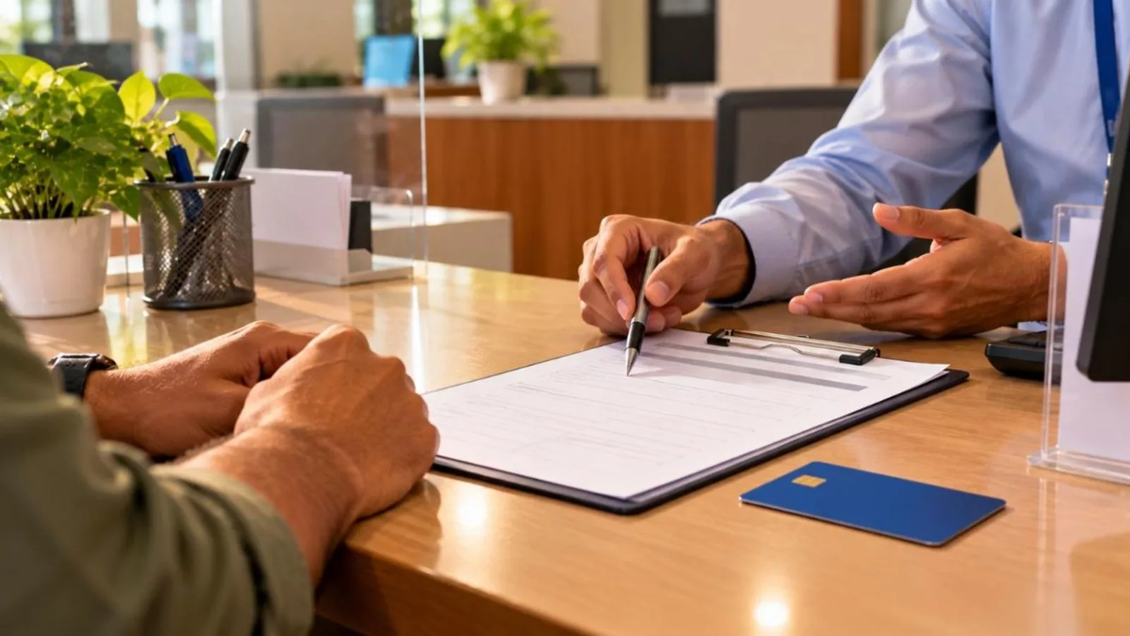 A bank officer explaining a form to a customer across a desk with a plain card on the table