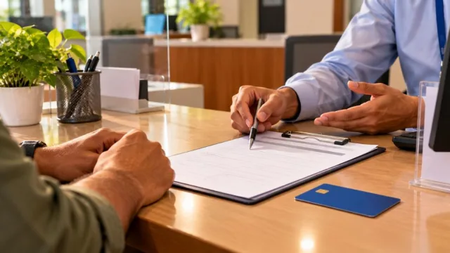 A bank officer explaining a form to a customer across a desk with a plain card on the table
