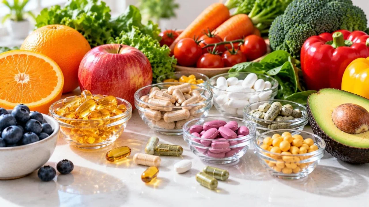 Assorted unlabelled capsules and tablets in small glass bowls beside fresh fruit and vegetables on a white table