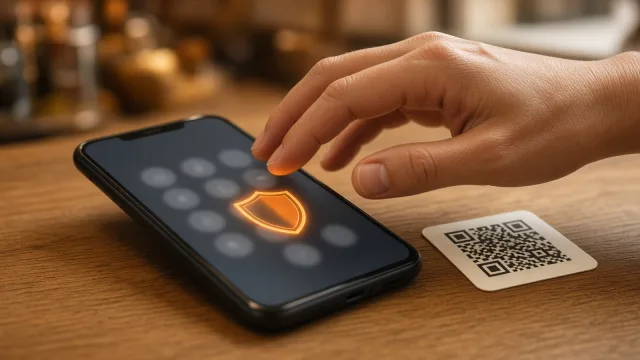 Hand shielding a phone keypad with an orange shield on screen and a QR sticker nearby