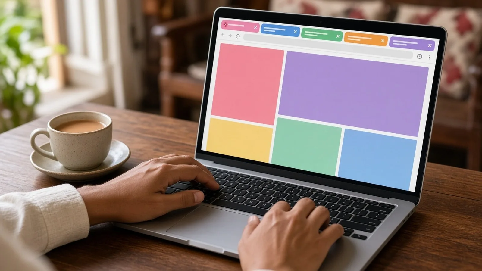 Hands using a laptop showing a browser with several colourful tabs, a cup of chai beside it