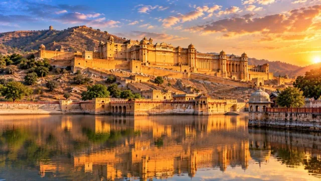 Amber Fort near Jaipur glowing at sunset above Maota Lake