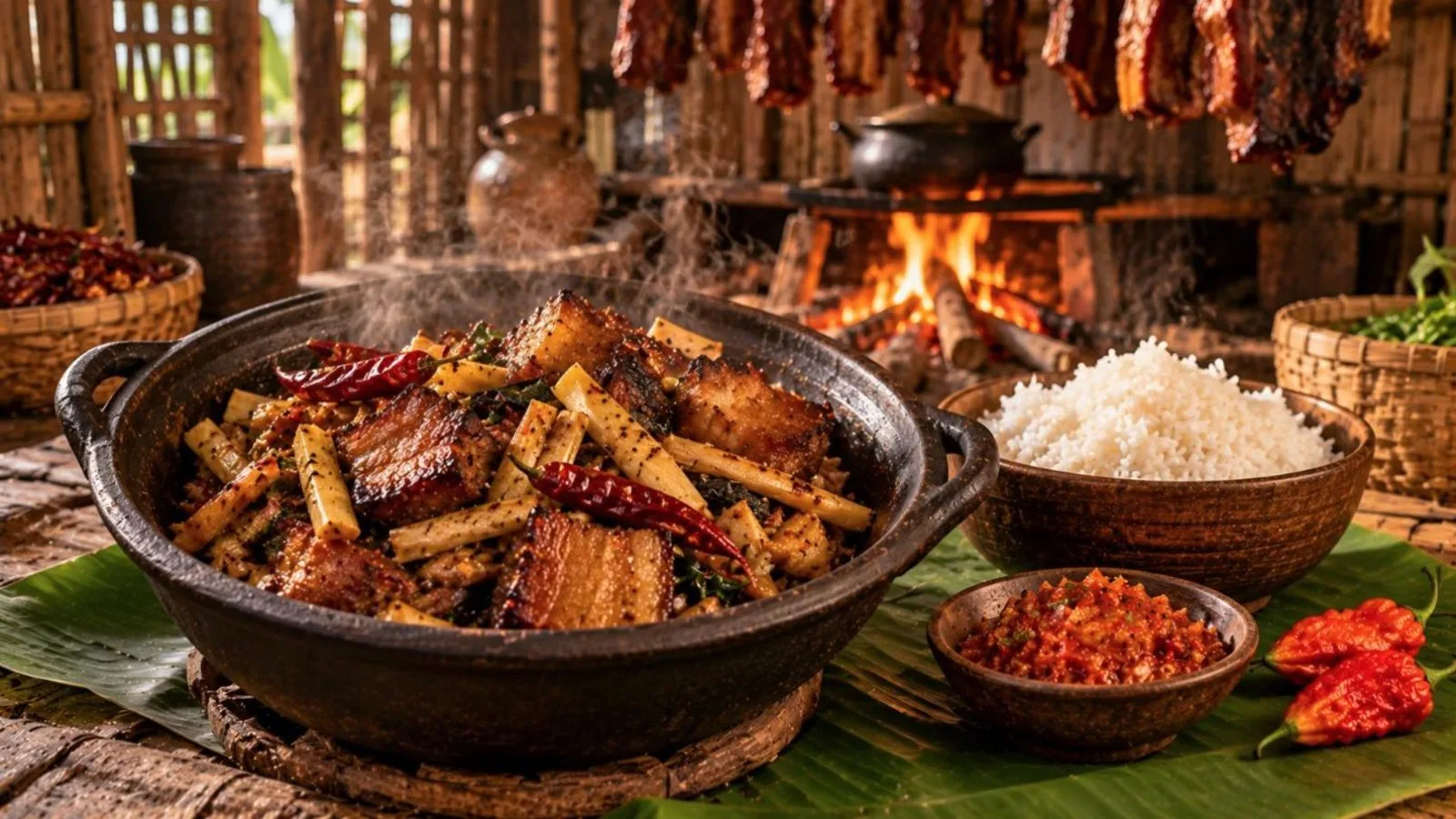 Naga smoked pork with bamboo shoot and king chillies in a dark pot with rice on a banana leaf