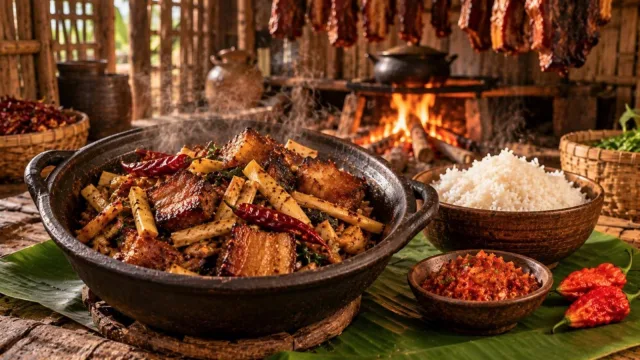 Naga smoked pork with bamboo shoot and king chillies in a dark pot with rice on a banana leaf