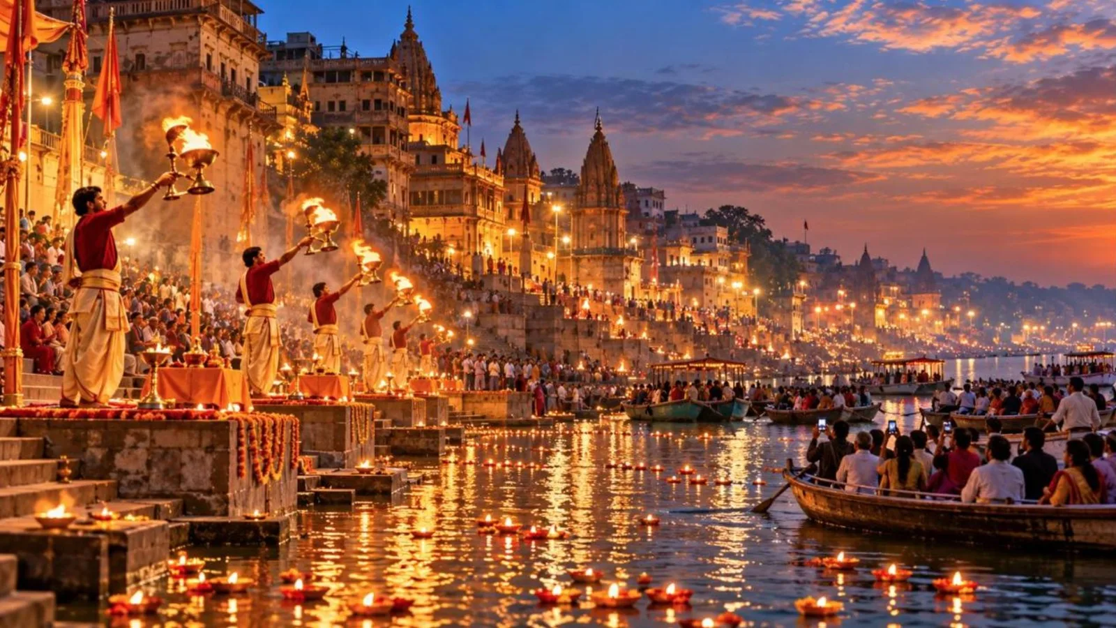 Evening Ganga aarti on the ghats of Varanasi with lamps and boats on the river
