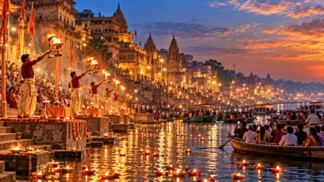 Evening Ganga aarti on the ghats of Varanasi with lamps and boats on the river