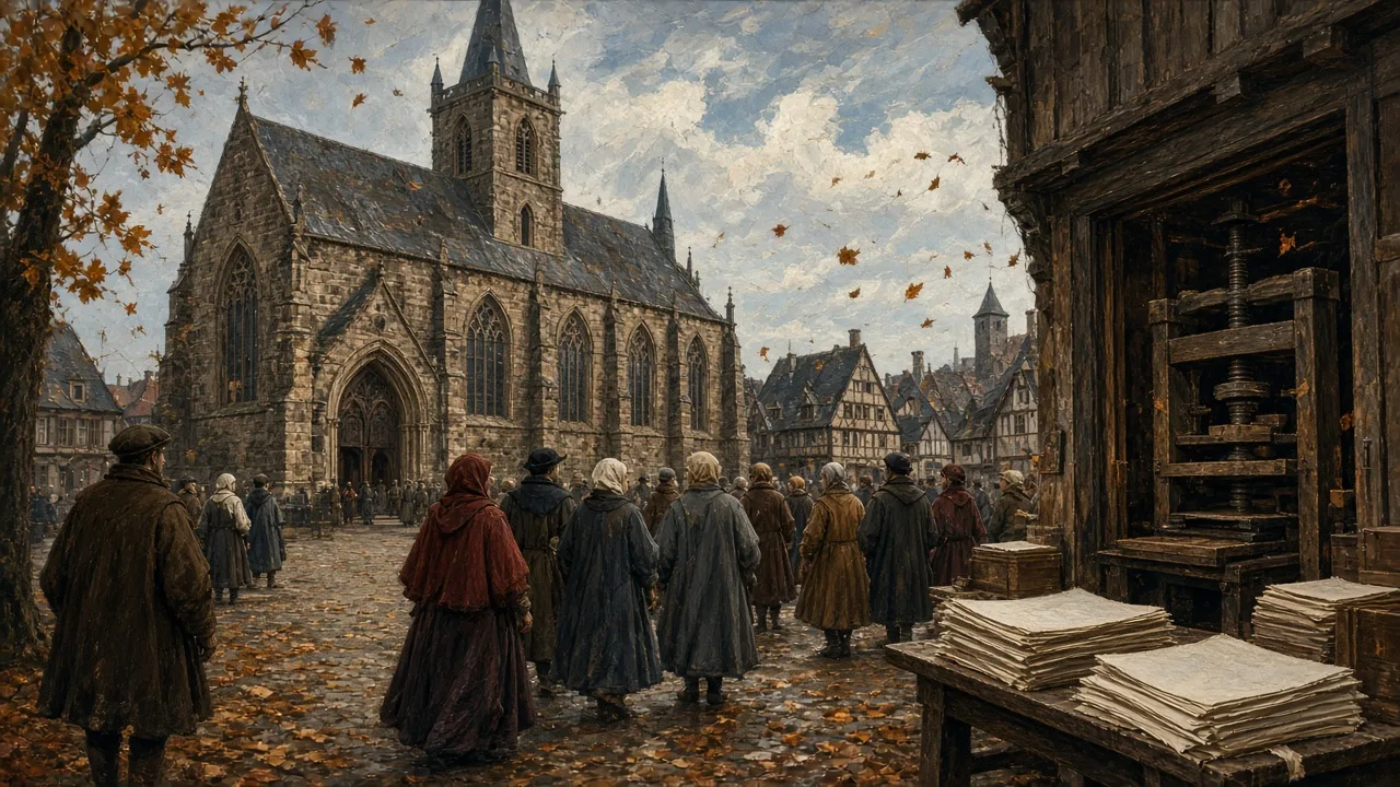 A 16th-century German town square with a Gothic church and a printing workshop, illustrating the Protestant Reformation
