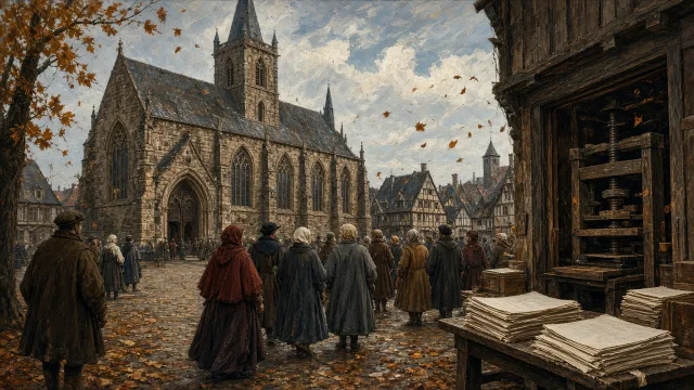 A 16th-century German town square with a Gothic church and a printing workshop, illustrating the Protestant Reformation