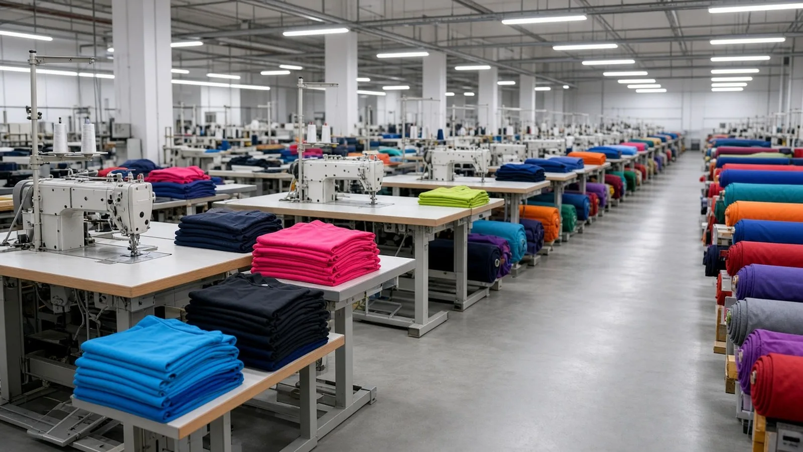 Rows of industrial sewing machines on a bright garment factory floor, with stacks of folded colourful clothing and rolls of fabric