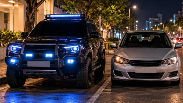 An SUV with a bull bar, dark tinted windows and harsh blue LED lights parked beside a normal silver sedan at night