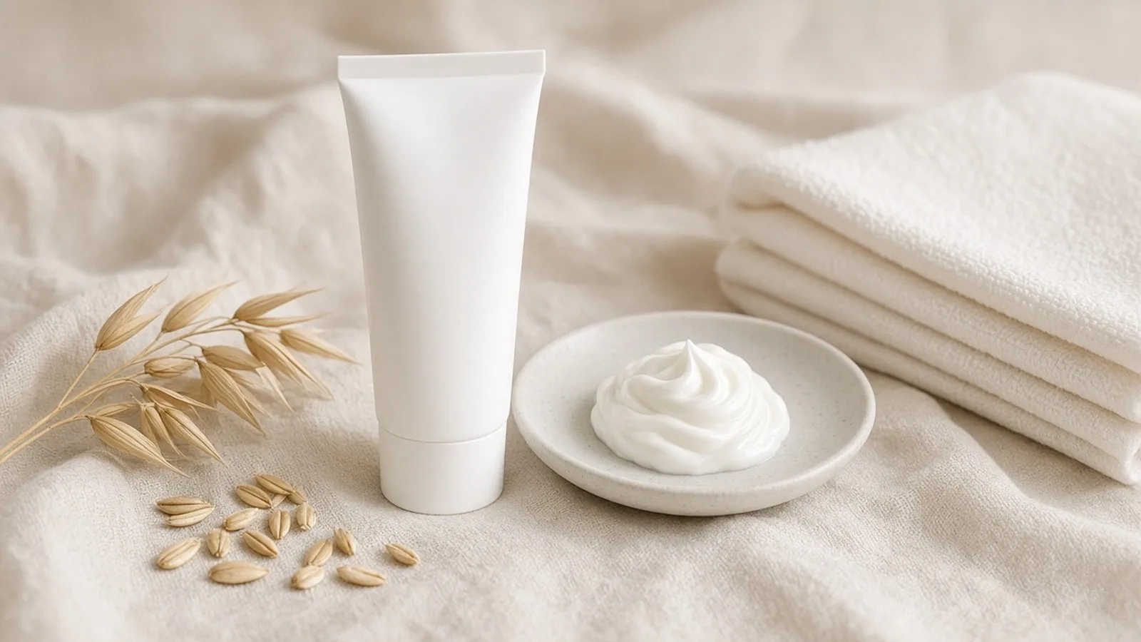 Plain white cream tube beside a dish of moisturiser, folded cotton towels and oat stalks on beige linen