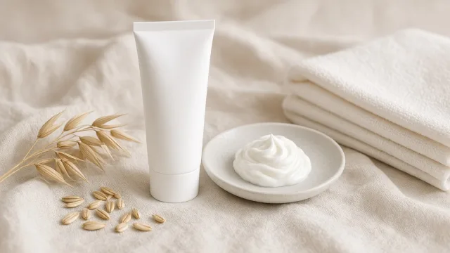 Plain white cream tube beside a dish of moisturiser, folded cotton towels and oat stalks on beige linen