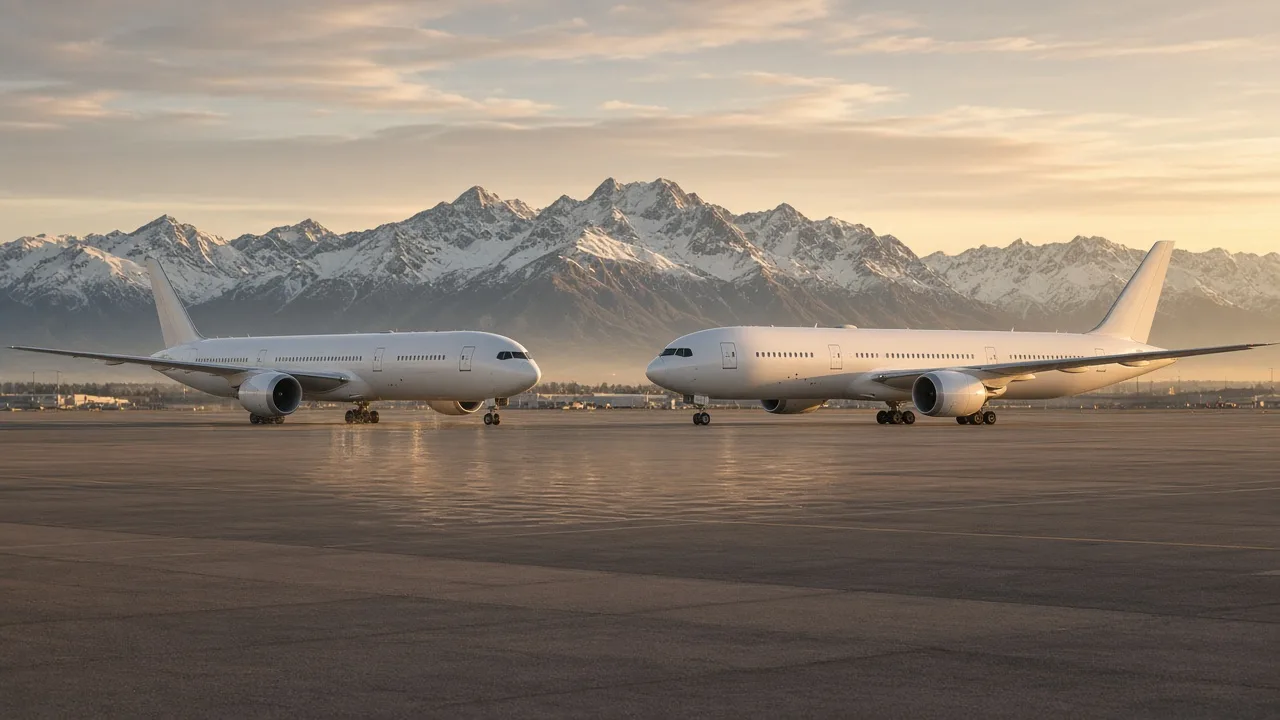 Two passenger jets taxiing at an airport with snow-capped mountains behind at golden hour