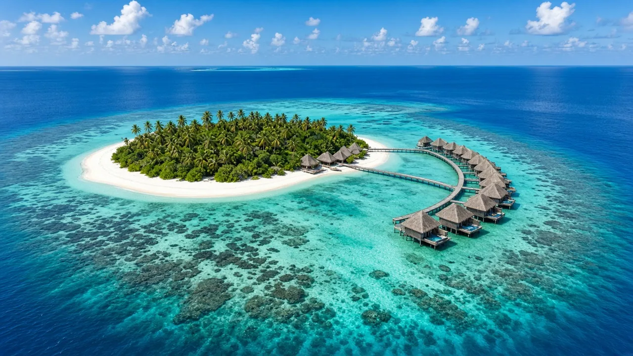 Aerial view of a palm-fringed Maldives island with overwater villas over a turquoise lagoon