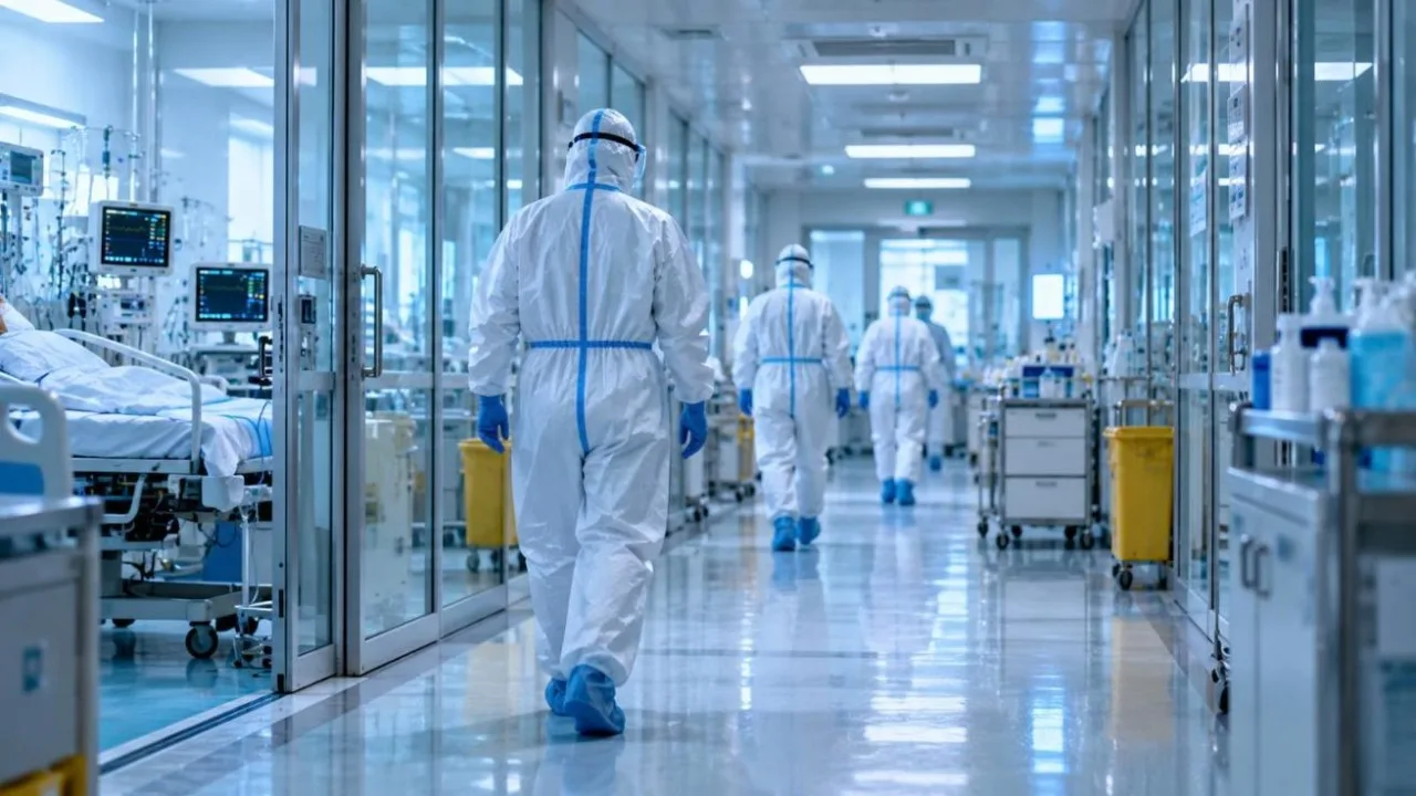 Hospital isolation ward corridor with health workers in white protective suits seen from behind