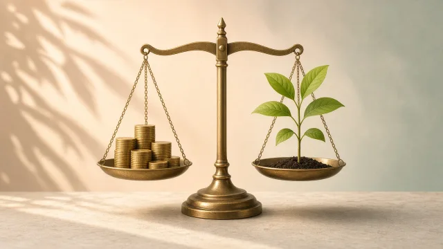 Editorial illustration of a balance scale with stacks of coins on one side and a small plant on the other