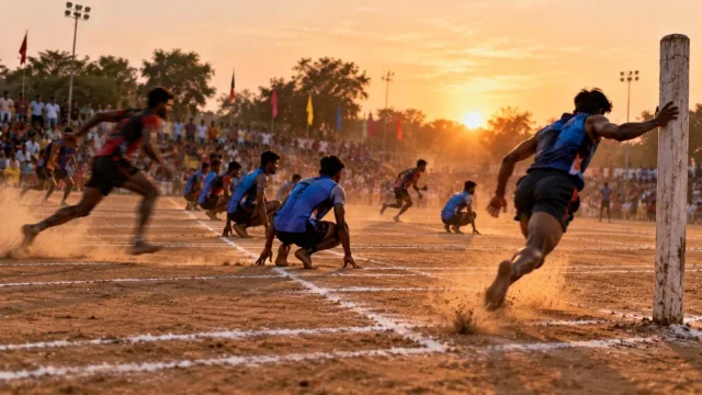 Kho-kho players crouching in a line of squares as a chaser sprints toward a wooden pole