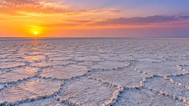White salt desert of the Rann of Kutch at sunset