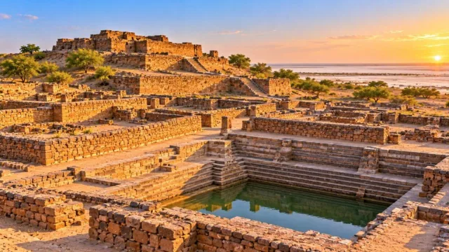 Stone ruins and reservoirs of the Harappan city of Dholavira in the Rann of Kutch