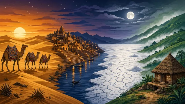 Panorama of decorated camels, lamp-lit river ghats, a moonlit white salt desert and green Naga hills, representing India's winter festivals