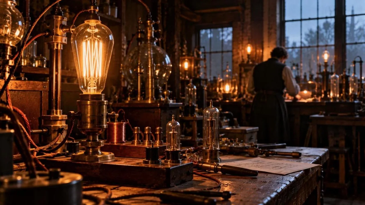 Glowing vintage filament light bulb in a dark 19th-century inventor laboratory with copper wires
